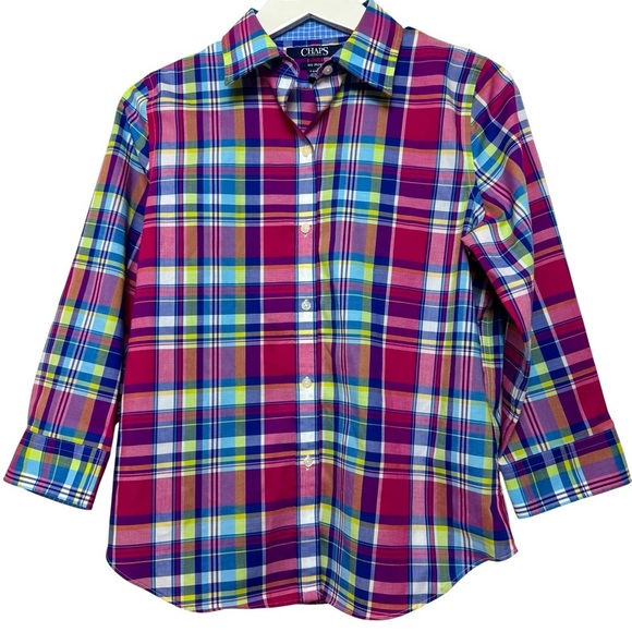 Chaps Womens Plaid Button Down Shirt Multi Color Red Blue 3/4 Sleeve Sz Petite M - Picture 1 of 12